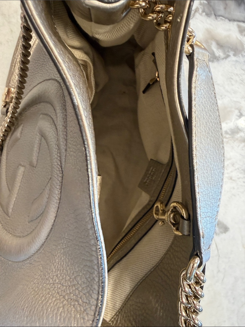 Gucci Metallic Pewter Soho Shoulder Bag with Tassel Chain Strap - Picture 5 of 5